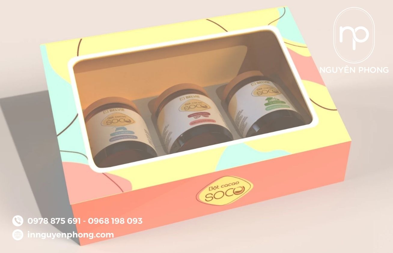 Mẫu hộp giấy đựng bột cacao cán màng mica trong suốt 